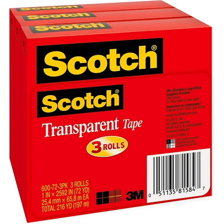 Transparent Transparent Tape 600 72 3PK 1"x 2592" Scotch 3/Pack 3" Core Transparent Transparent Tape 600 72 3PK 1"x 2592" Scotch 3/Pack 3" Core